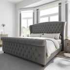 Queen Size Platform Bed Frame, Chenille Upholstered Sleigh Bed with Scroll Wingback Headboard & Footboard/Button, Customized