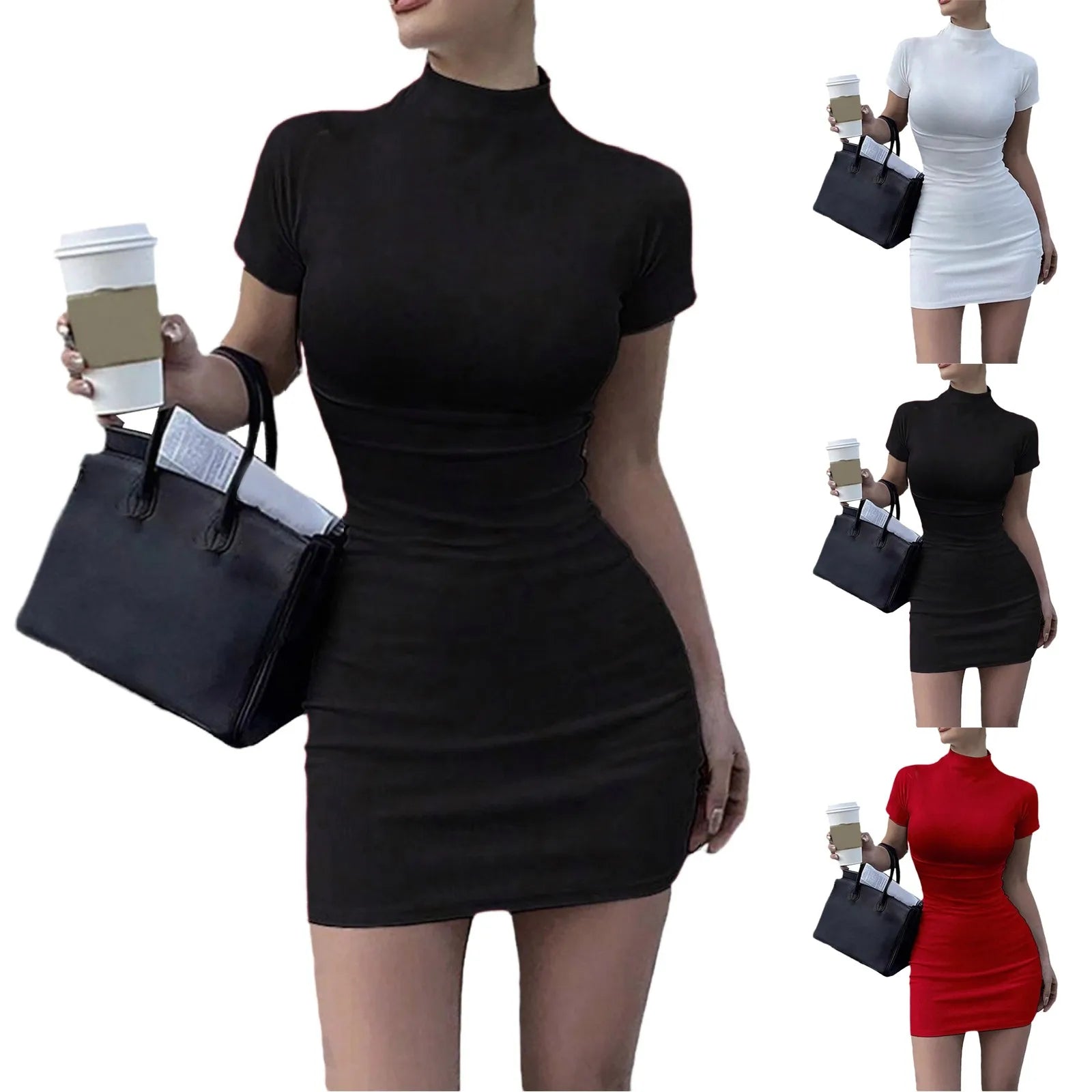 Bodycon Dresses For Women 2024 High Neck Thigh Length Short Sleeve Fitted Women'S Valentines Going Out Club Date Night Outfit Secondary image