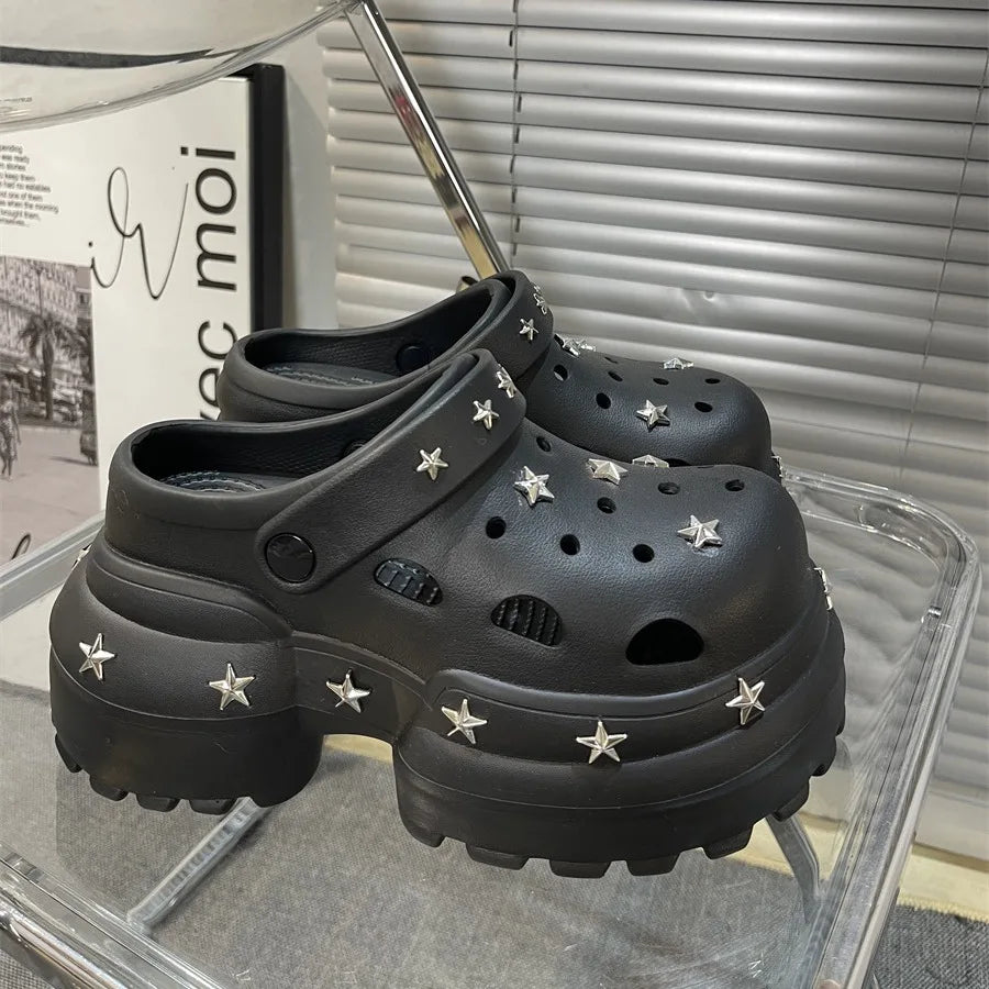 Women Summer Sandals High 10cm Heels Chunky Clogs with Star Charms Garden Shoes Waterproof Beach Pool Sandals Mules Slippers Main image