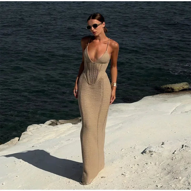 Fashion Solid V Neck Slim Fit Knit Maxi Dress Elegant Hollow Out Lace Up Backless Gown New Lady Summer Vacation Beach Vestidos