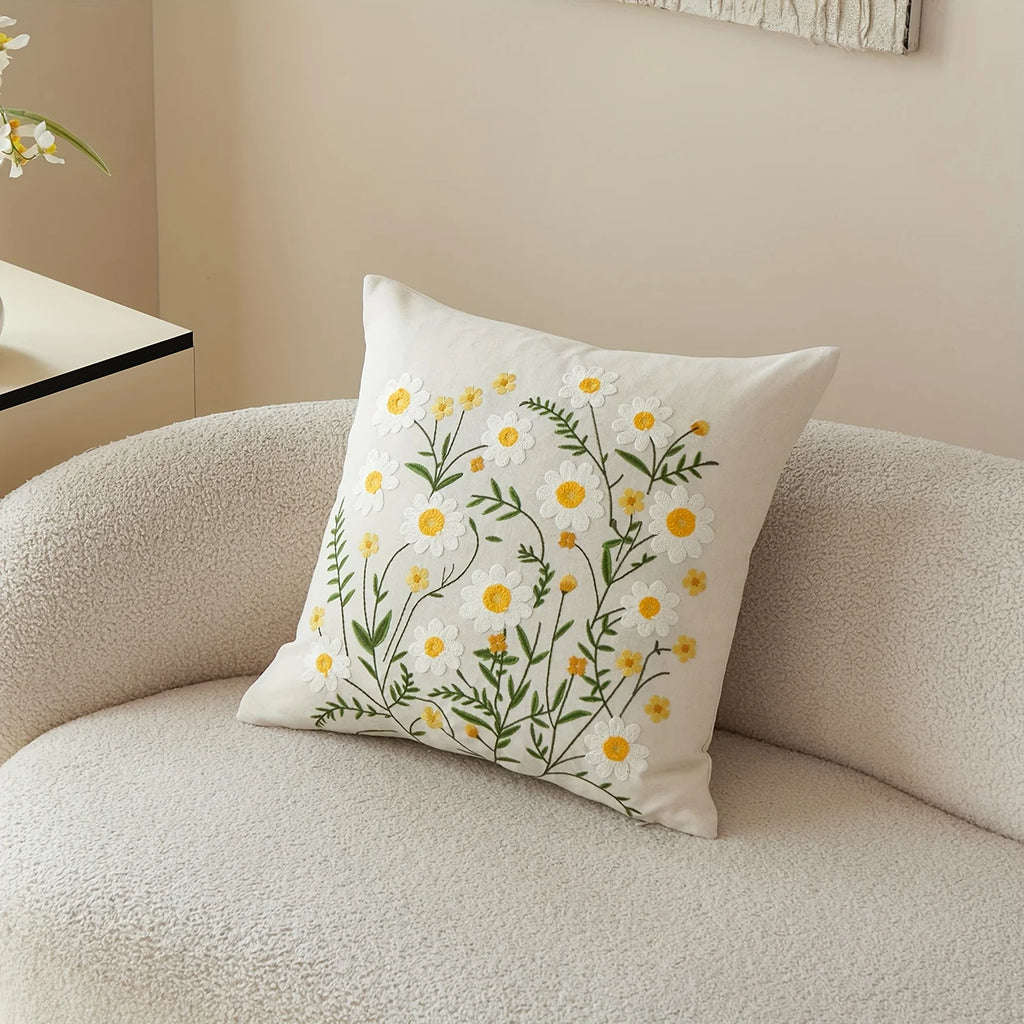 Double Sided Embroidered Daisy Pillow Cover Cute White Yellow Wildflower Print Soft Boho Throw Pillow Case for Spring Home Decor