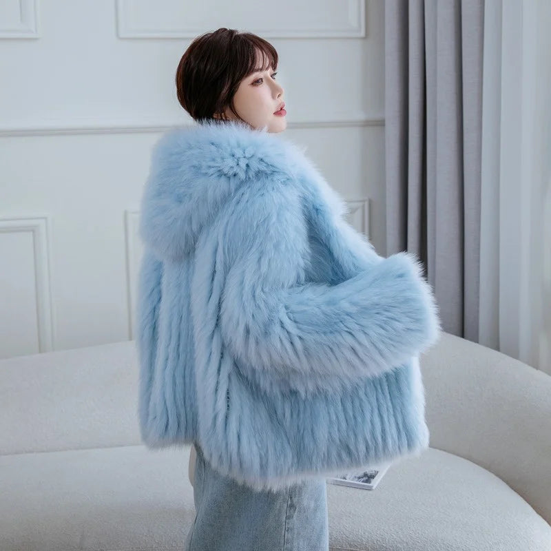 Fox Fur Coat Women's Winter Fashion Warm 100% Fox Fur Coat Hooded Long Sleeved Sweet Women's Luxury Designer Coat Secondary image