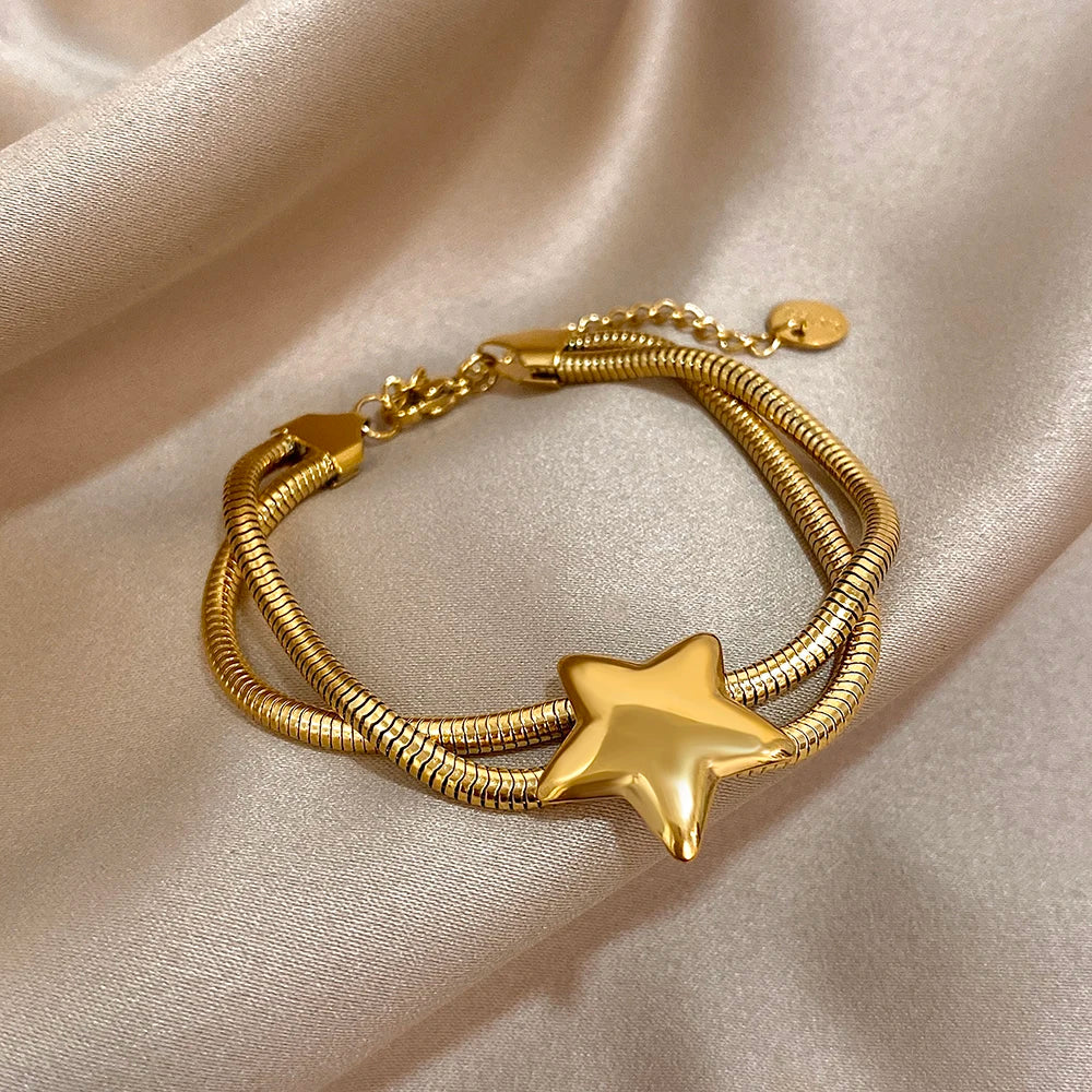 Vintage Doubelayer Stainless Steel Elastic Bracelet Glossy Star Gold Silver Color Chunky Chain Bracelets Waterproof Jewelry Main image