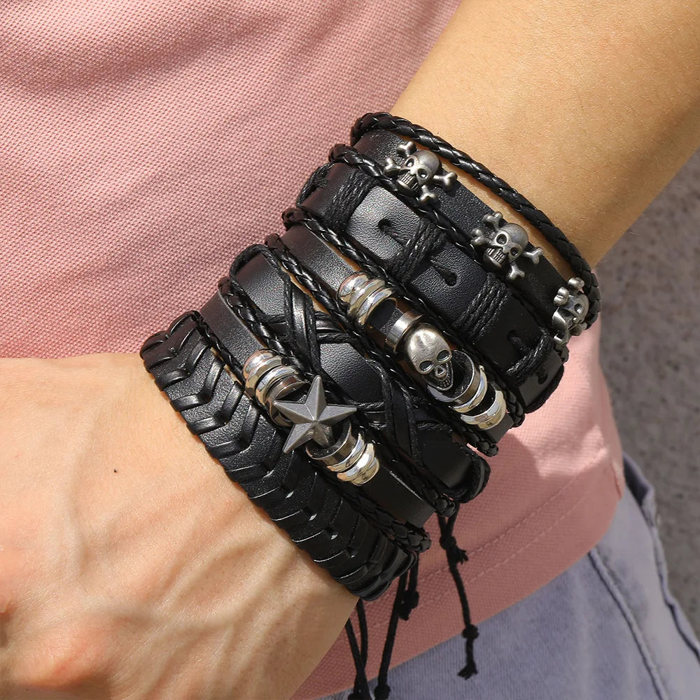 Fashion Bracelet Viking  Bracelet For Men Hand Bracelets Woven Skull Hand Jewelry Adjustable Leather Set viking man bracelet Main image