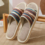 Striped Linen Open Toe Slippers Breathable Indoor House Slippers Anti Slip EVA Sole Lightweight Casual Home Slides For Men Women