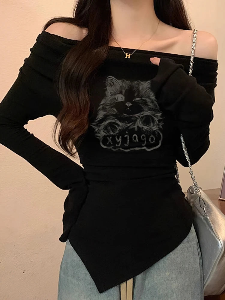 Y2k Cat Long sleeve T-shirt Women Luxury Korean Graphic Off shoulder Top Casual Lady Basic Tees Slim Sexy