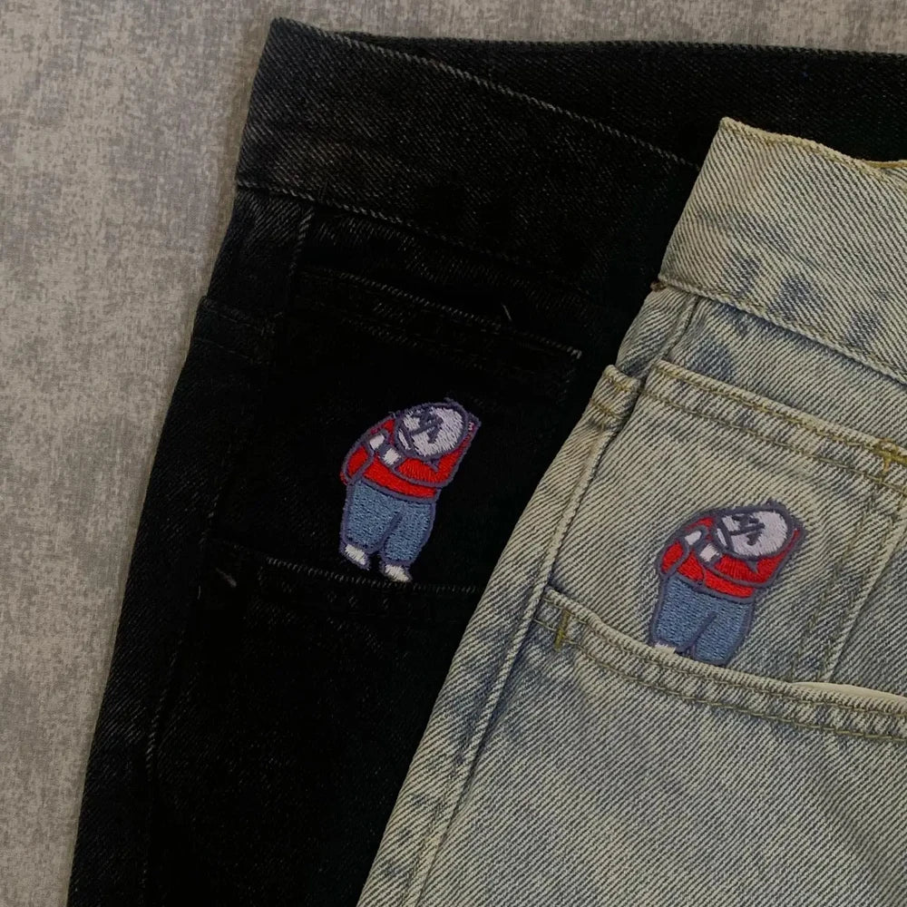 Y2K Embroidery Baggy Boy Jeans Women Streetwear Gothic Cartoon Blue Straight Jeans Retro Punk Rock High Waist Denim Trousers Main image