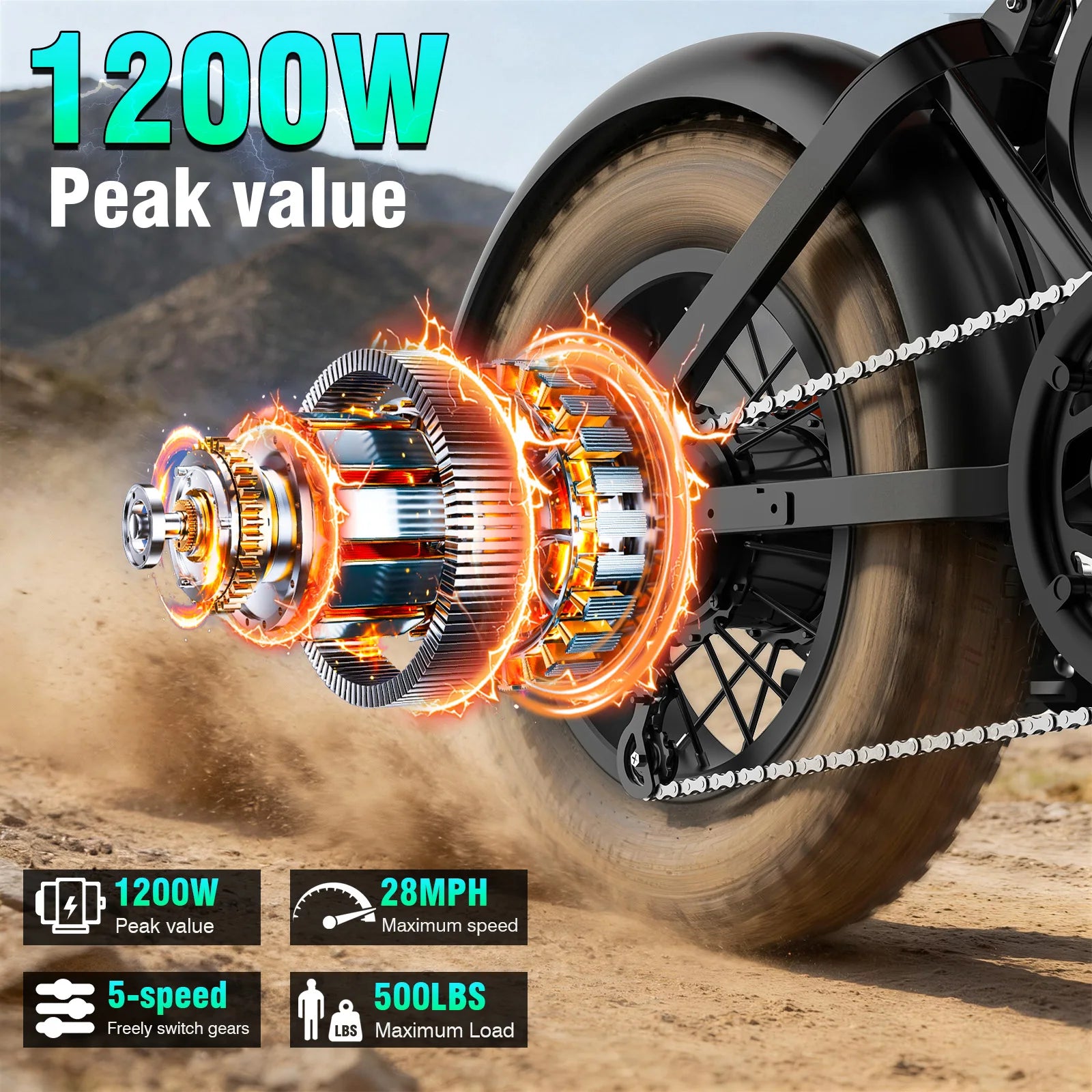 1200W All-terrain Electric Motorcycle, 48V18Ah Adult Electric Dirt Bike, 28MPH, 5-speed Variable Speed, Load Capacity of 500LBS Secondary image