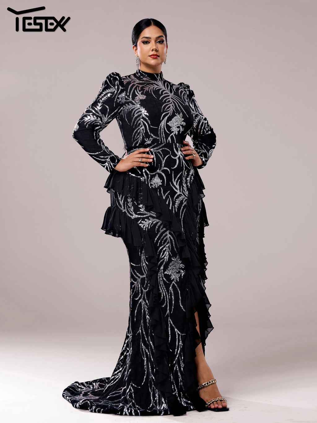 Yesexy Plus Size Elegant Beautiful Women Round Neck Long Sleeved Split Evening Gown Wedding Birthday Party Formal Occasion Dress