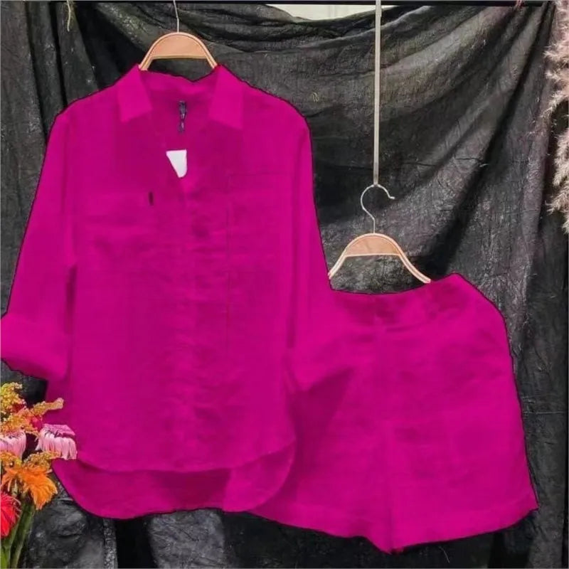 Summer Cotton Linen Casual Home 2 Piece Set For Women 2026 Fashion White Long Sleeve Shirt And Shorts Two Piece Sets Tracksuit