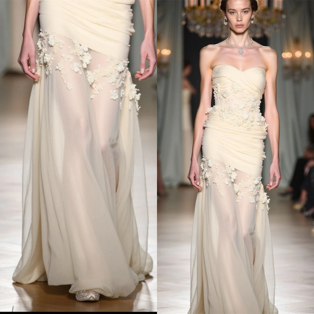 Customized See Through Chiffon Strapless Evening Dress High Quality Flowers Prom Dresses Delicate Special Occasion Gowns
