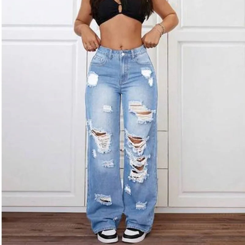 Womens Pants Womens Jeans Trendy Light Blue Distressed Baggy Relaxed Fit Wide Leg Denim Main image