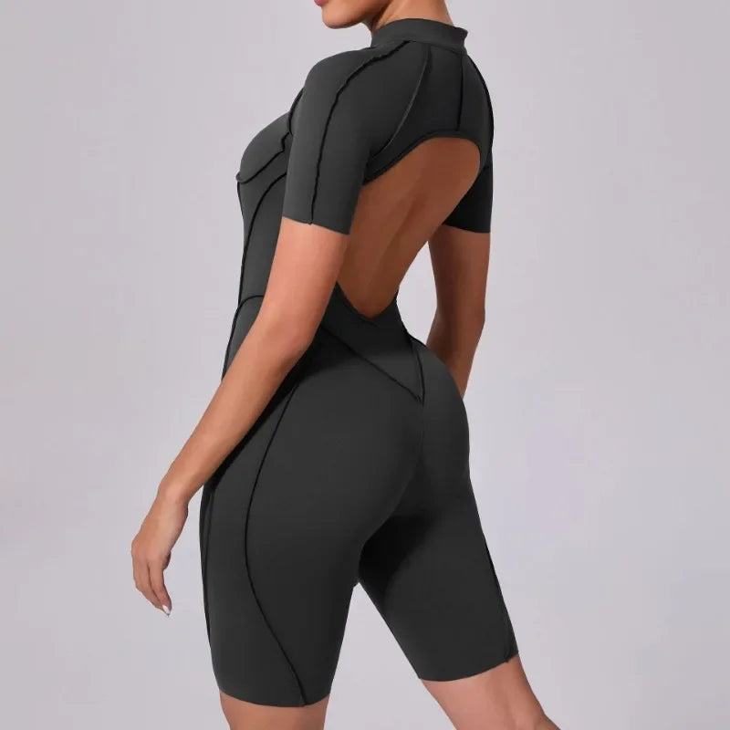 Seamless Yoga Jumpsuits Sports Fitness Zipper Hip-lifting Short-sleeved Backless Dance Workout Gym Shorts Bodysuits for Women