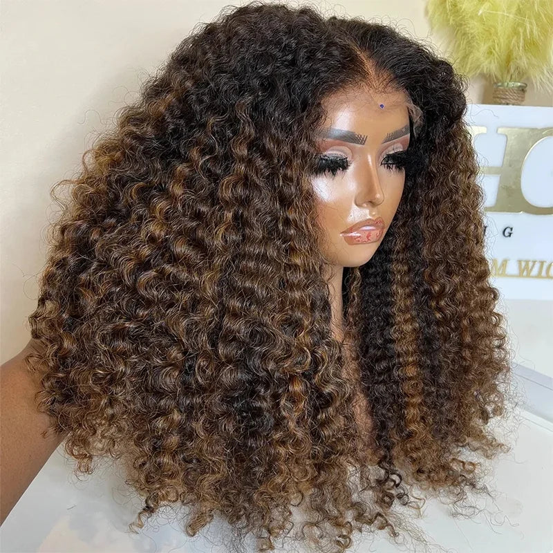 26 Inch Highlight Brown 180Density Glueless Synthetic Kinky Curly Long 13*4*1 Lace Front Wig For Women Babyhair PrePlucked Daily Main image