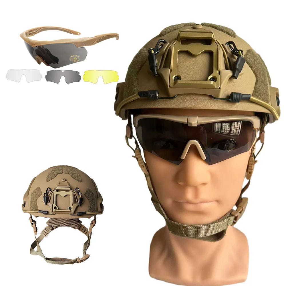Military Tactical Helmet Set - Multi-Lens Goggles & Full Face Mask, Riot Airsoft CS Protective Gear for Outdoor Sports