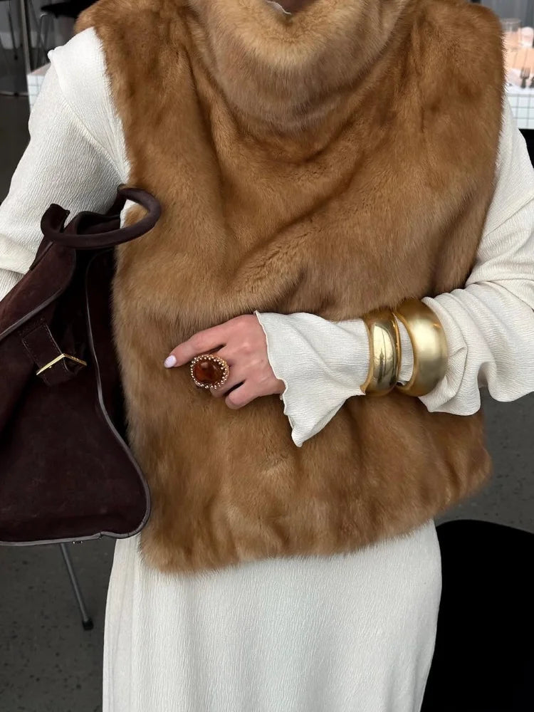 Casual Solid Faux Fur Vest Women Fashion Leisure Sleeveless High Collar Loose Waistcoat Lady Daily New Chic Highstreet Vests Main image