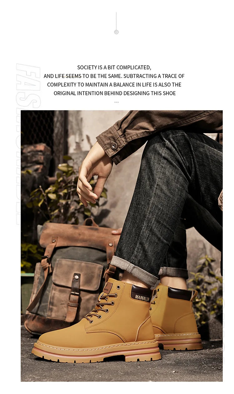 Classic Men High Top Boots High Quality Yellow Leather Boots Fashion Outdoor Sneakers Men Lace Up Non-Slip Ankle Boots for Men