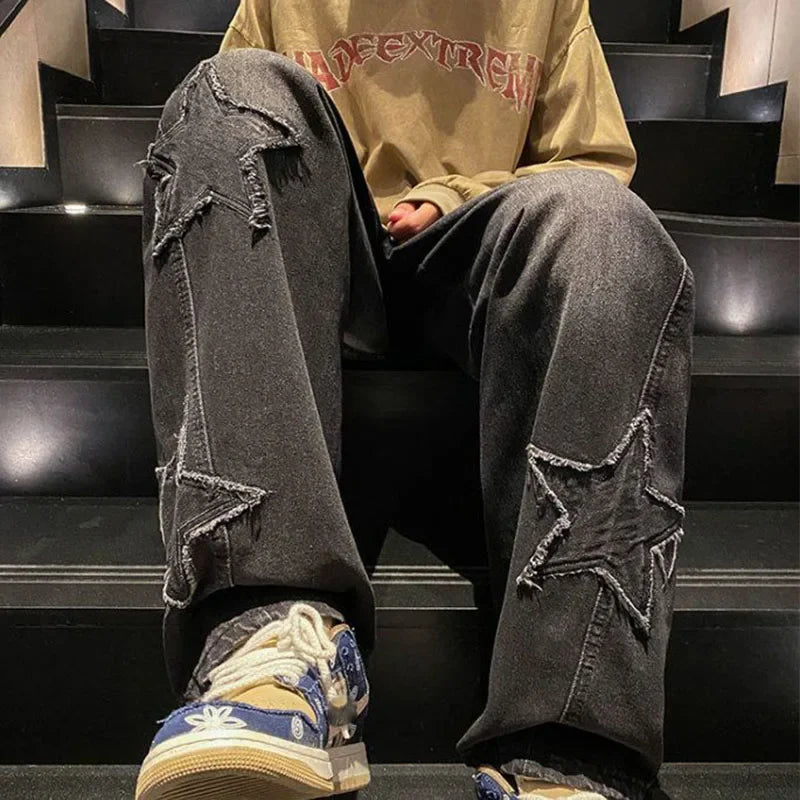 Xpqbb Y2K Vintage Streetwear Jeans Women Harajuku Star Aesthetic Wide Leg Denim Trousers High Waist Unisex Couple Straight Pants