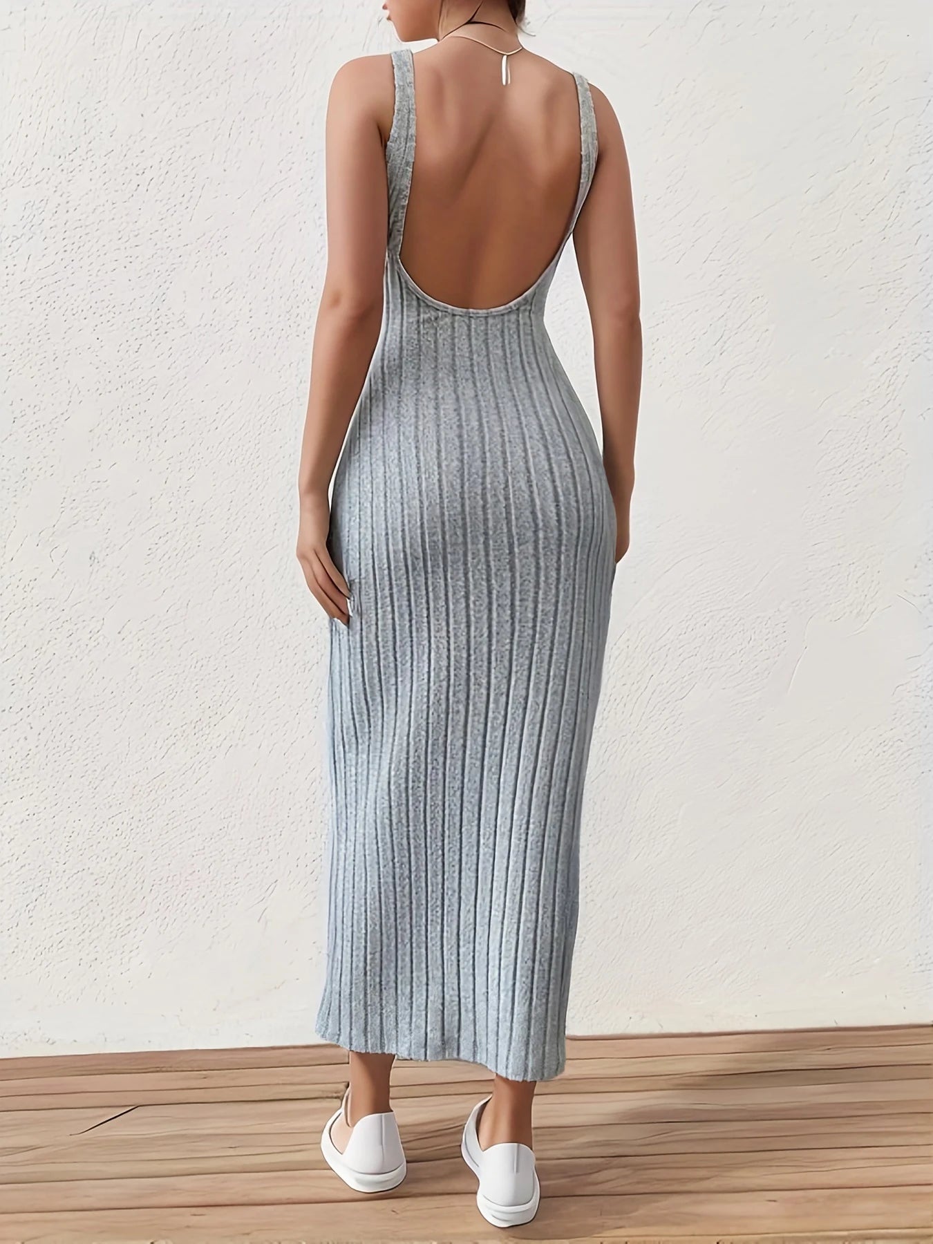 Solid Backless Tank Dress，Summer new sexy backless mid-length knitted sleeveless dress Main image