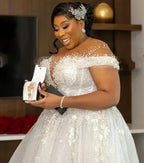 Customized Wedding Dress For Bride 2026 Sheer Neck Lace Up Back Major Beading Sequins Pearls Plus Size Women Africa Bridal Gowns