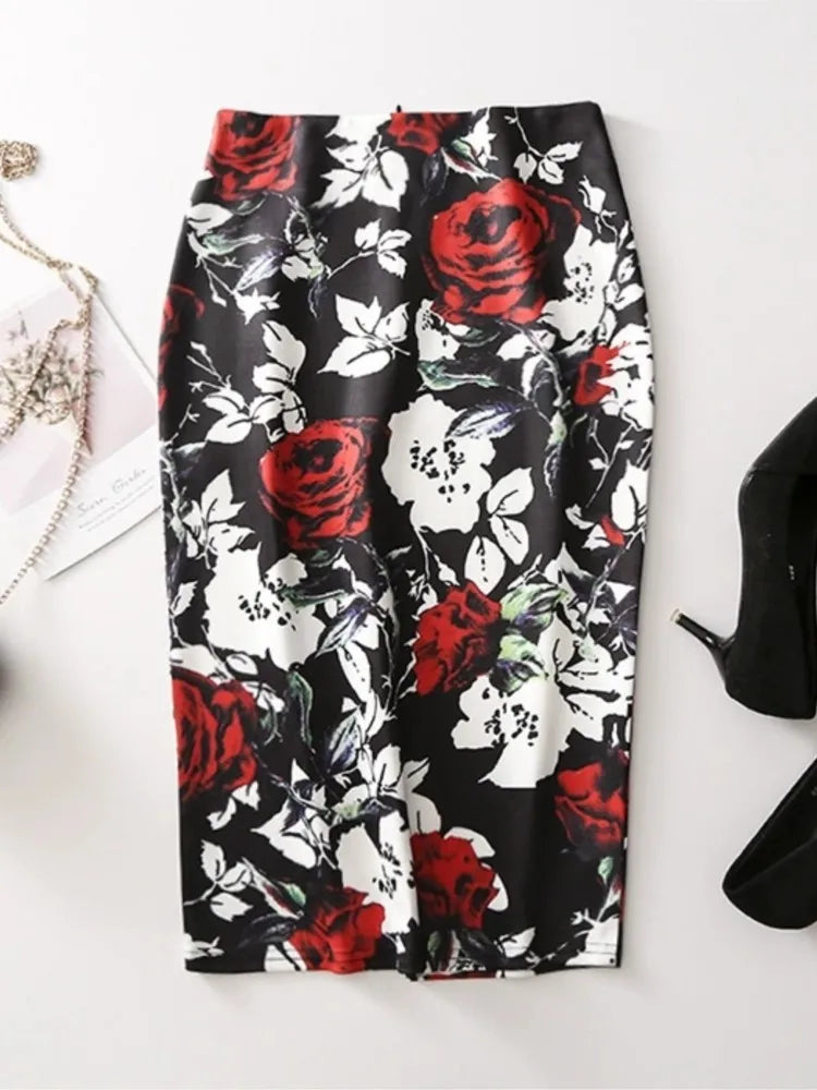 Women Vintage Flower Print Bodycon Skirt Slim Midi Sexy Elegant Pencil Skirt Bag Hip Bandage Skirt Hip Wrap Lolita Short Skirt