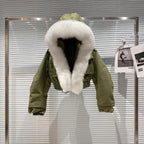 Big Fox Fur Collar Removable Rabbit Liner Short Coat Jacket for Women Winter Elastic Hem Hooded Jackets Wram Fashion Outwear