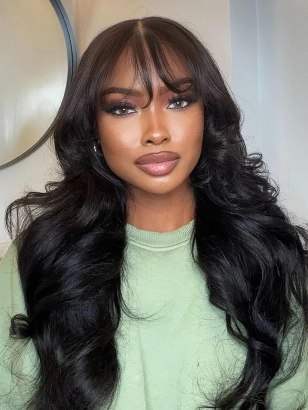 Body Wave Wigs with Bangs 3x1 Middle Part Lace Wig Human Hair Pre Plucked Body Wave Real Human Wigs with Bangs for Women 34 Inch