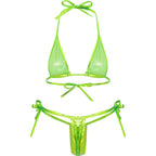 Womens Brazilian Micro Bikini Swimsuit Biquini Set Lacing Non-Padded Triangle Cup Bra Top with G-String Metallic Shiny Swimwear