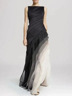 Party Dress Lady Chic Sleeveless Pleated Long Dress Elegant High Waist Evening Maxi Dress Women Fashion Gradient Patchwork Black