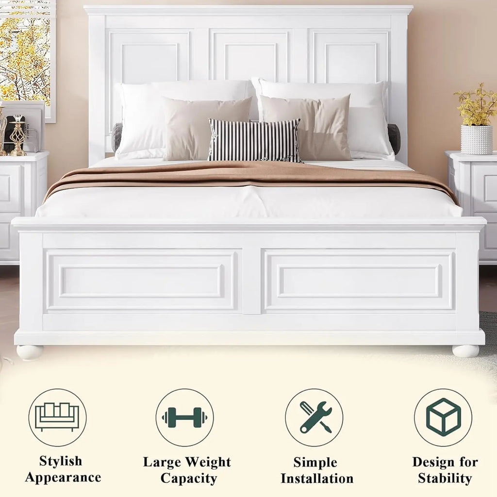 Farmhouse Queen Size Platform Bed for Adults, Solid Wood Platform Beds with Tall Headboard & Footboard, Queen Panel Bed for Bedr