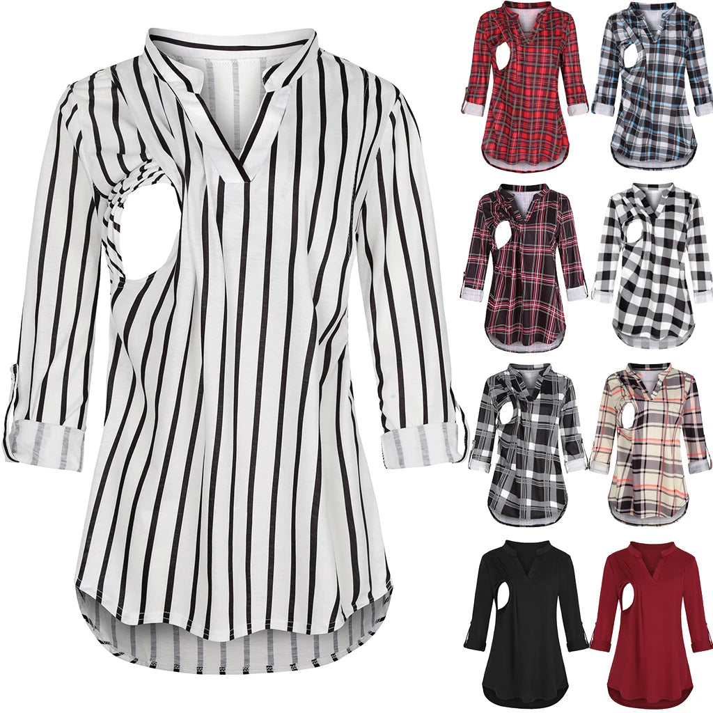 Women's Maternity Breastfeeding T-shirt V-Neck Solid Color Long Sleeve Nursing Tops Clothes for Pregnant Women Main image