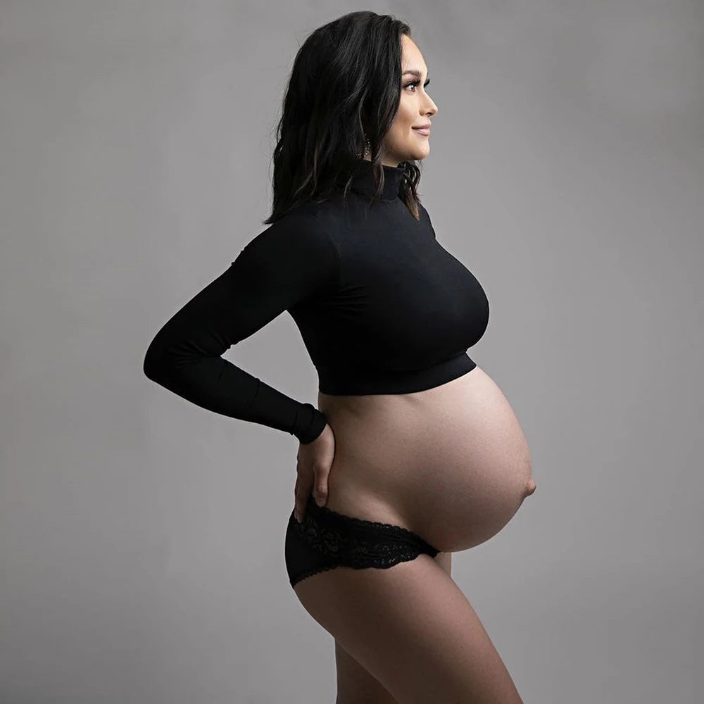 Maternity Long Sleeve T Shirts Womens Mock Neck Seamless Slim crop Tops For Pregnant photo shoot Secondary image