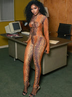 Sisterlinda Hollow Jumpsuit Woman Sexy Snake Print Cirque Full Sleeve Skinny Fitness Midnight Clubwear Party Coquette Overalls