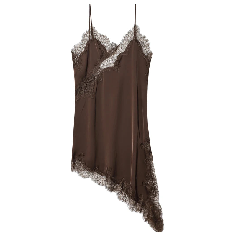 HXAO Womens Dresses Lace Asymmetric Slip Dress Summer 2026 Sexy Evening Dresses Ladies Mini Brown Sleeveless Backless Vestidos