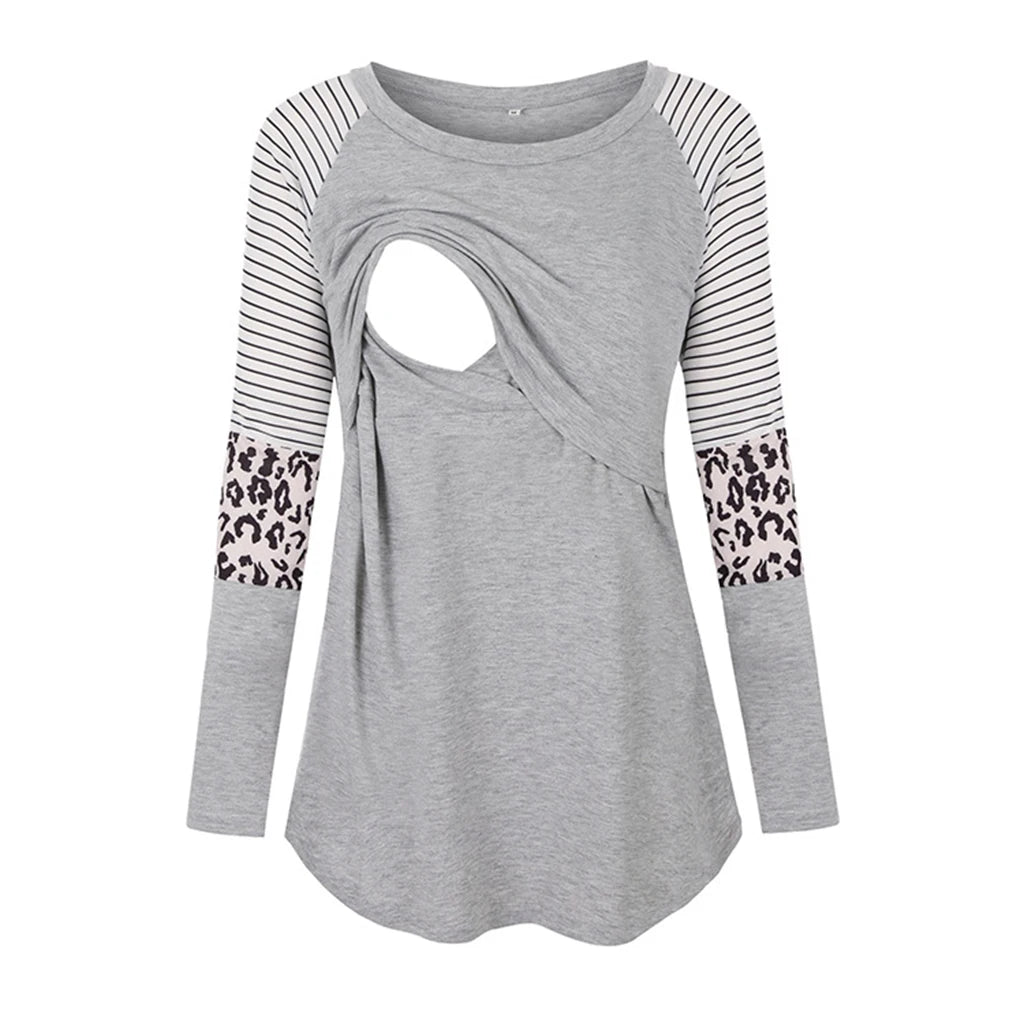 Women Maternity Long Sleeve Nursing Patchwork Color Tops Breastfeeding Blouse