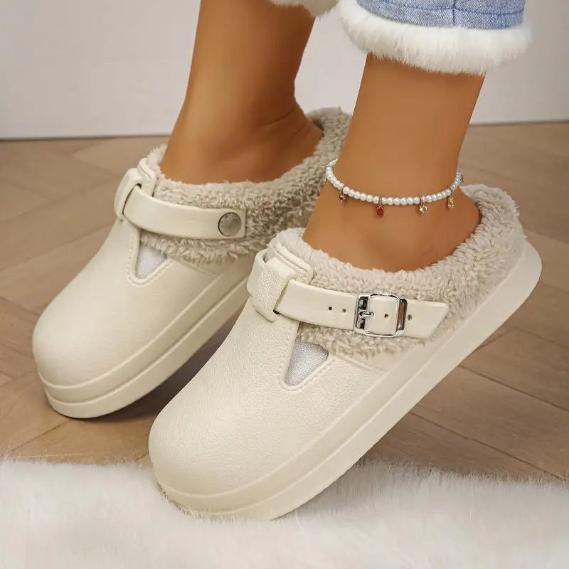 Waterproof Eva Furry Mules Slippers Women 2025 Winter Metal Buckle Warm Plush Slippers Soft Thick Bottom Non Slip Indoor Slides