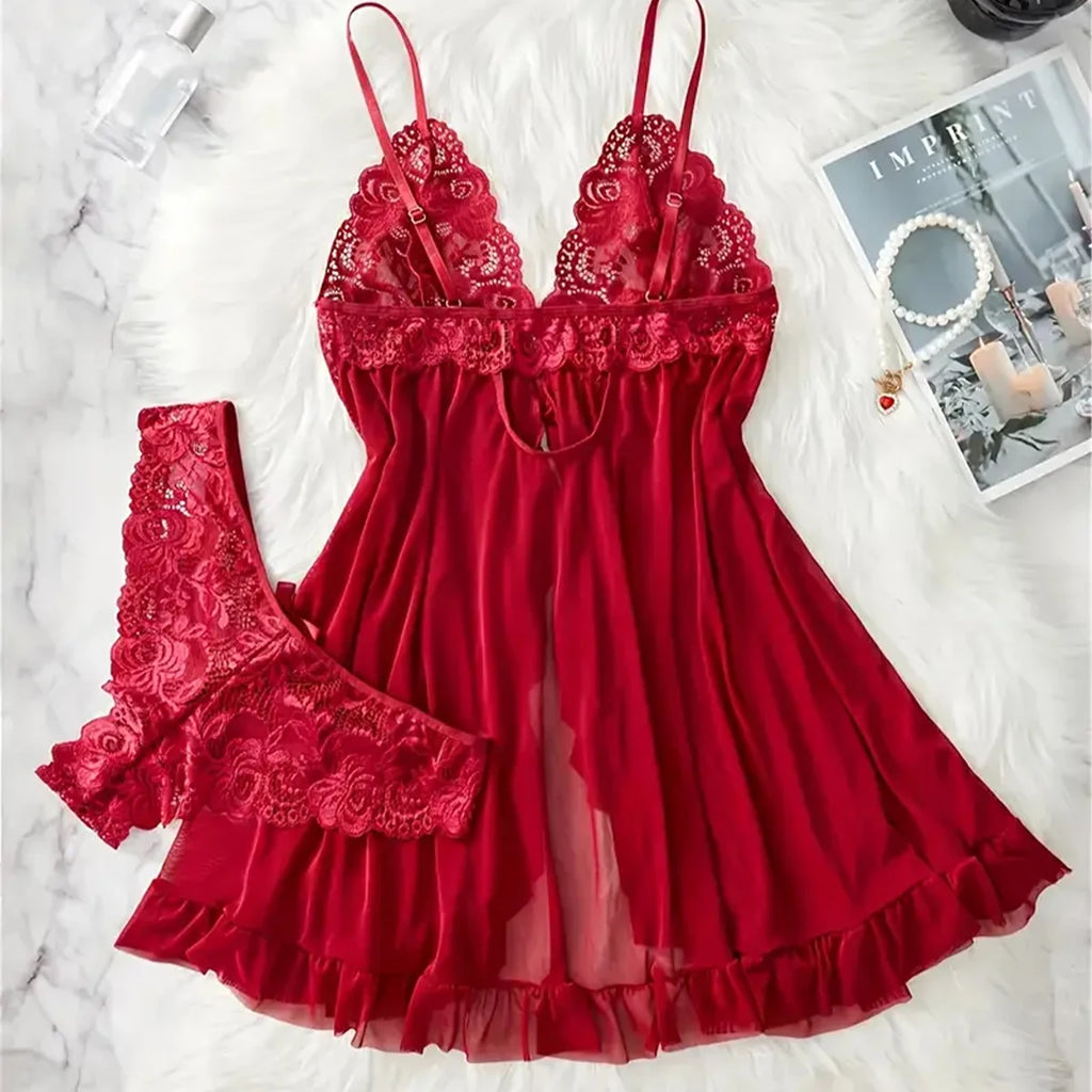 New Blue Contrast Lace Ruffle Trim Lingerie Set Deep V Dress And Thong Women's Sexy Sleepwear Underwear Hollow Bra Panty Sling