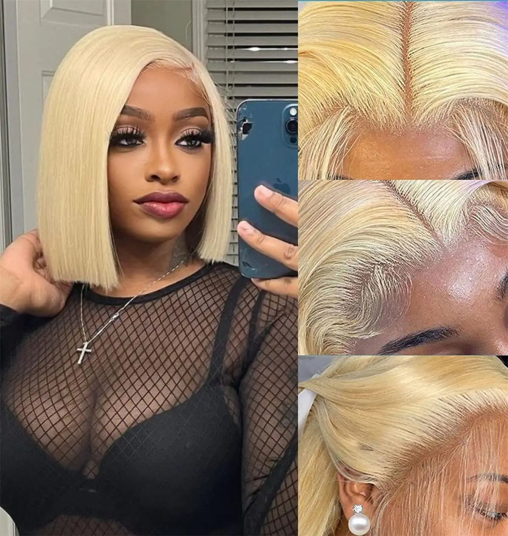 12 14 16 Inch 200 Density Straight Lace Front Human Hair wig Short Transparent 13x4 Bob Lace Frontal Wigs 613 Honey Blonde Remy