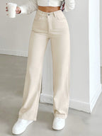 Women's autumn jeans, made of cotton denim, in a beige apricot color, straight-leg, slim fit, high-waisted, elastic waistband