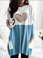 2026 Plus Size Europe And The United States Autumn Love Printed Round Neck Loose Color Contrast Long Sleeve T-Shirt Women