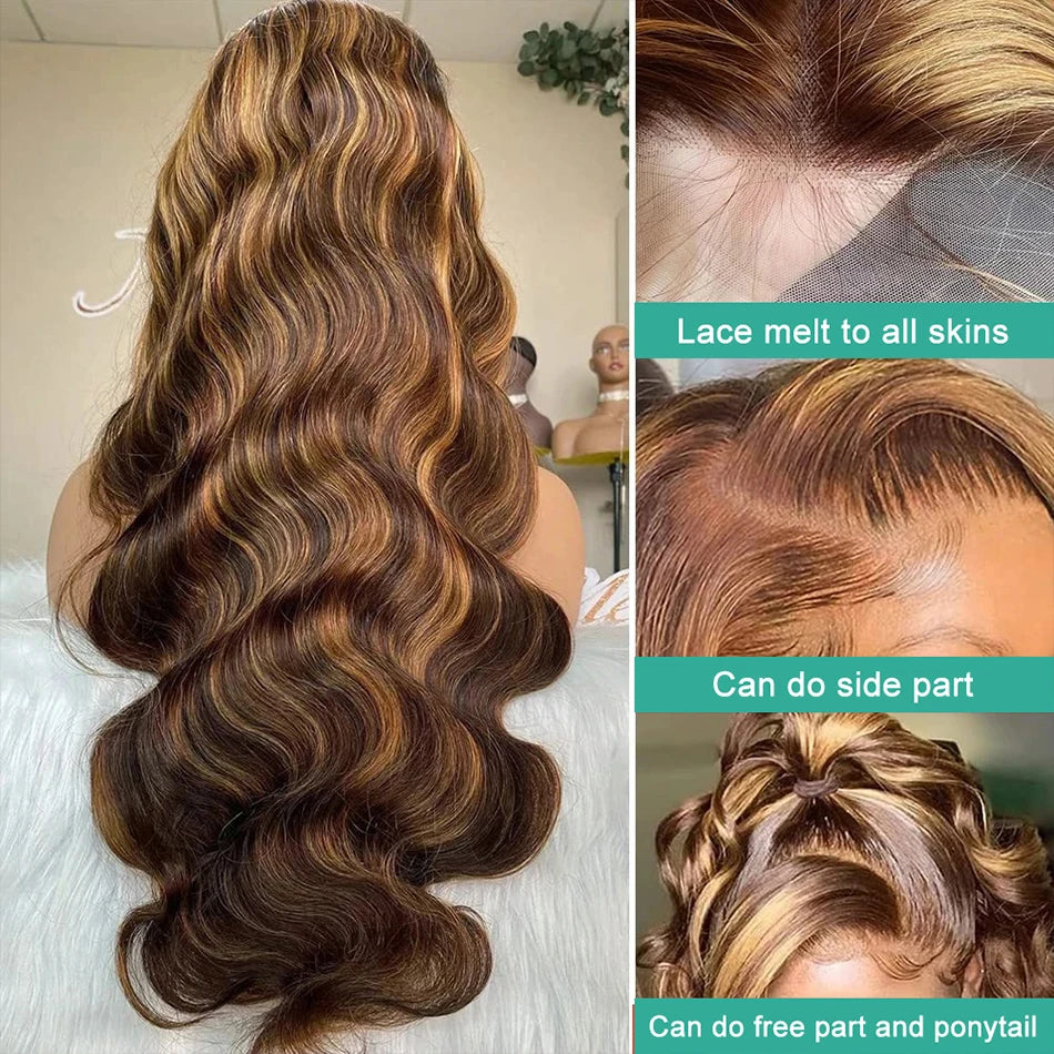 Highlight 13x6 Hd Lace Frontal Wig Human Hair Body Wave  Honey Blonde Brown Human Hair Wig P4/27 Colored Wig Secondary image