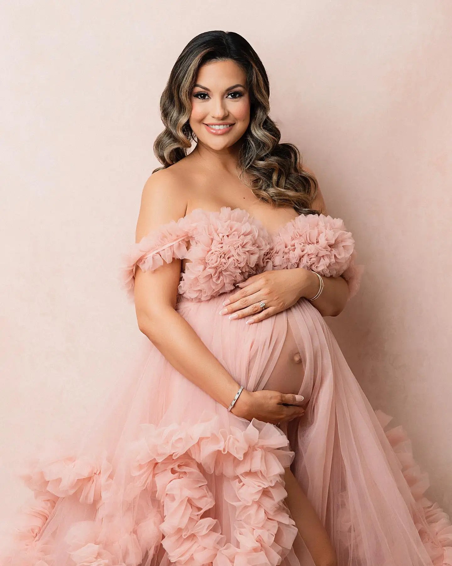 Light Pink Maternity Dresses for Photoshoot Baby Shower Off Shoulder Ruffles Tulle Bridal Prom Gown Women Pregnant Robe Tailored Secondary image