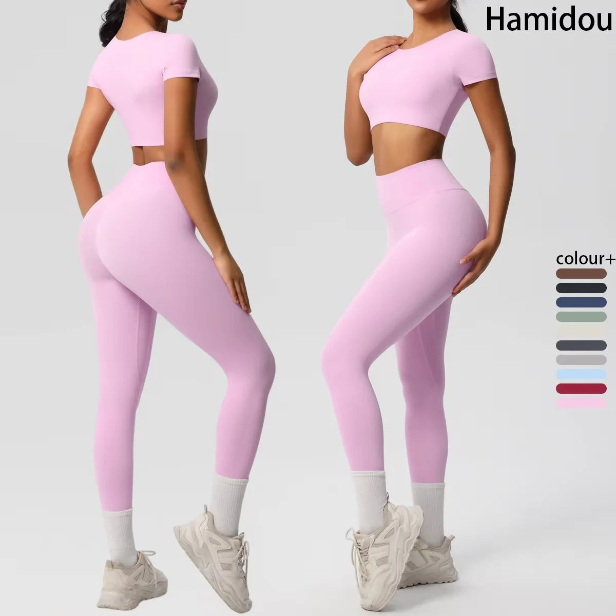 2PCS Woman Gym Sports Yoga Set Knitted Slim Workout Top Short Sleeve Quick Drying Legging Fitness Pants Running Sports Yoga Suit Main image