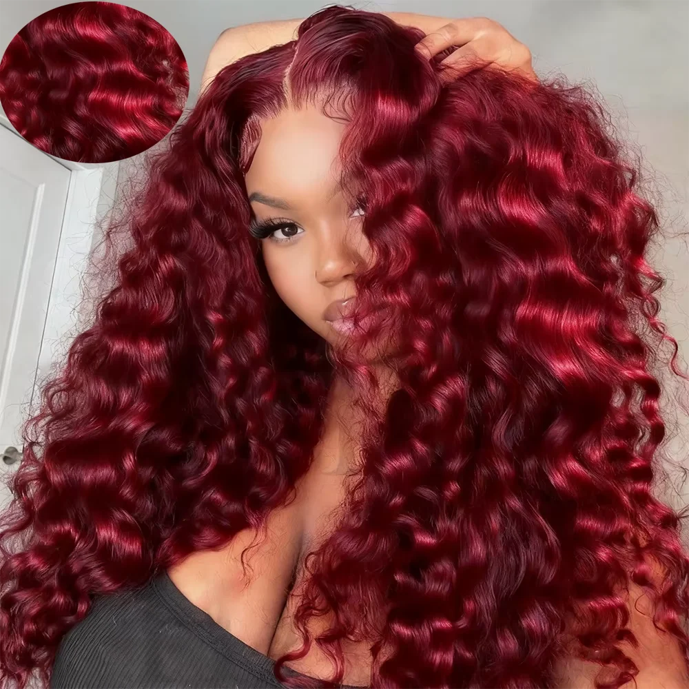 Deep Wave #99J Burgundy 13x6 HD Lace Frontal Wig Human Hair 13x4 Curly Transparent Lace Front Wig Brazilian Human Hair Wig