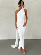 Dulzura One Shoulder Backless Ruched Slim Ribbon Long Dress Women Solid Sexy Elegant Dress Evening Party Club Prom Summer Outfit