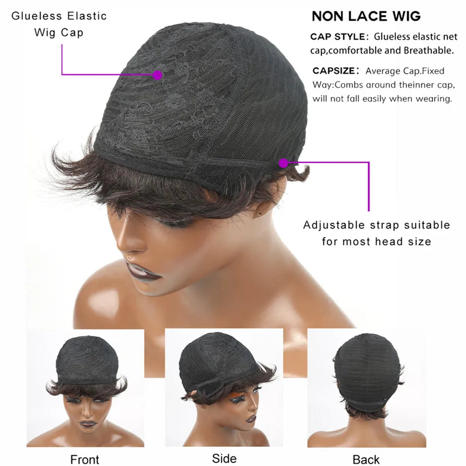 Short Pixie Cut Wig Human Hair For Women Machine Made Wigs With Bangs Brazilian Human Hair Wigs Cheap Pixie Cut WigsOn Sale