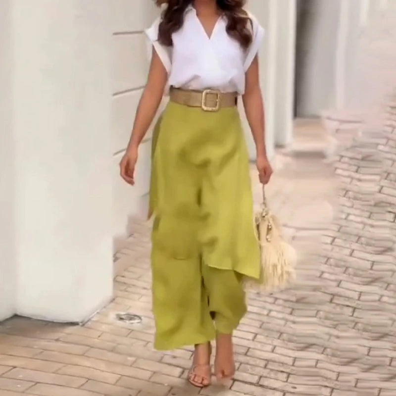 Womens Summer 2 Piece Outfits 2026 Elegant V-neck Short Sleeved Top & Skirt Wide Leg Pants Fashion Casual Female Two Piece Sets Secondary image