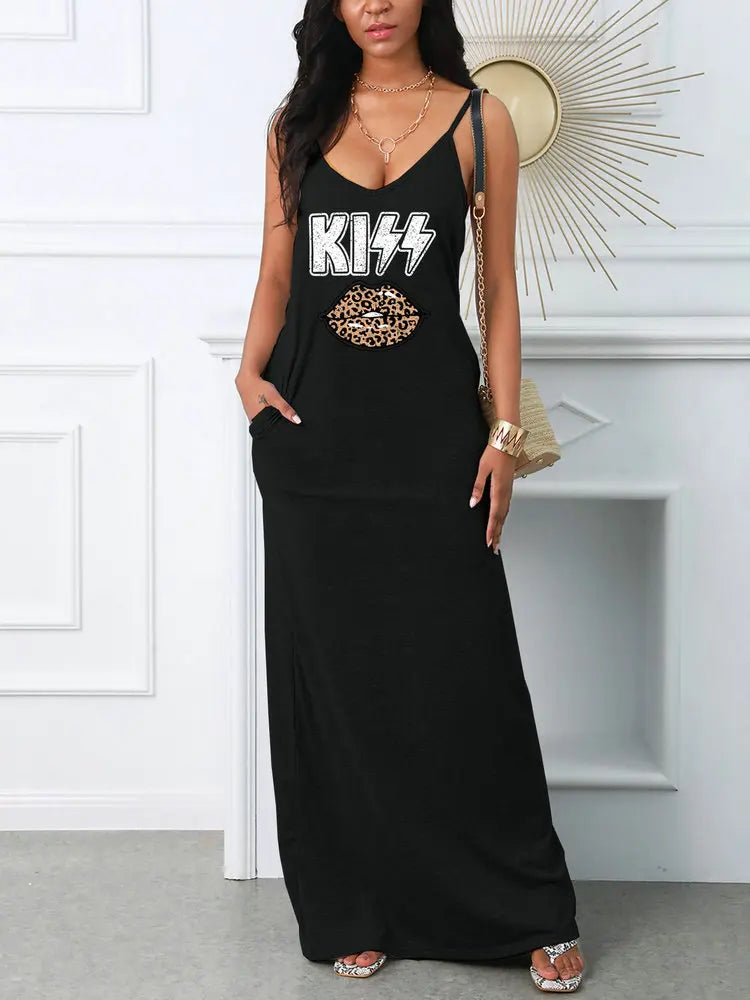 Women's Summer Sexy Suspender Printed Dress Pocket T-shirt Style Mini Dresses Summer Casual Loose Dress Vestidos Secondary image
