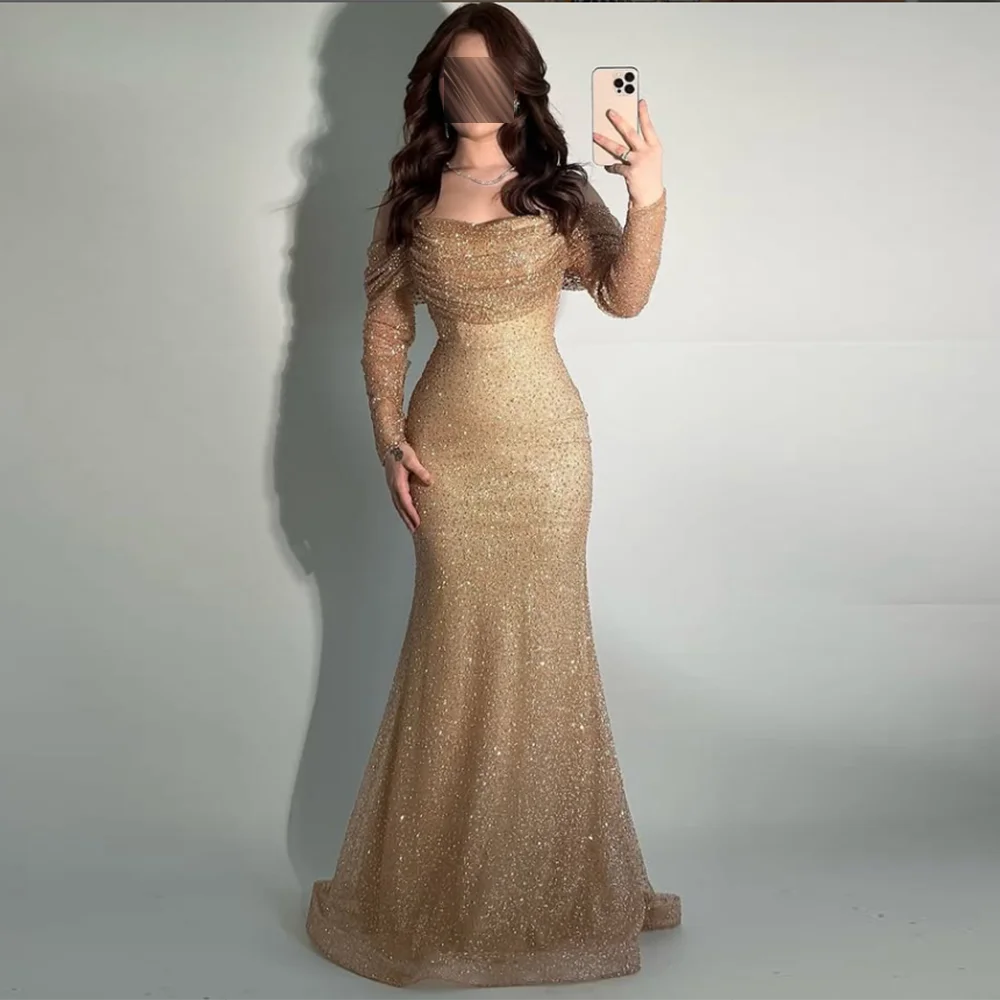 Customized Sweetheart Evening Dresses Pleat Draped glitter Sequined Beading mermaid Prom Gown Off The Shoulder Long Party Dress Main image