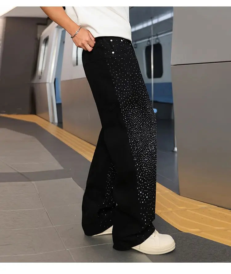Spring/Summer Rhinestone Straight Leg Jeans Retro Loose Fit Slimming Pants Casual Korean Style Long Pants